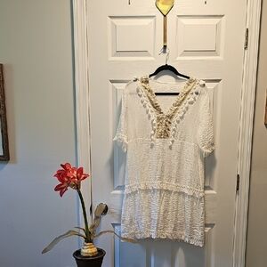 Women's White Midi Dress/Tunic White with Feminine Ruffles, Size 6
